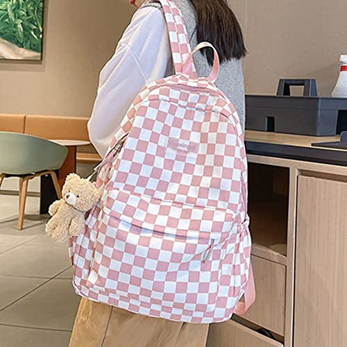 Checkerboard Light Academia Aesthetic Backpack for Teen Girls Cute Plaid Preppy Backpack with Plushies School Bag (D)