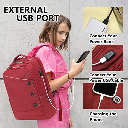 KINGSLONG Laptop Backpack for Women Men fit 17 inch Notebook Water Resistant Travel Backpacks with USB Charging Port College School Work Red