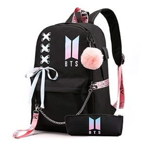 Depulat USB Kpop Backpack Casual Backpack Kpop Laptop Bag College Bag Book Bag Fashion Daypack (one size, Black-1)