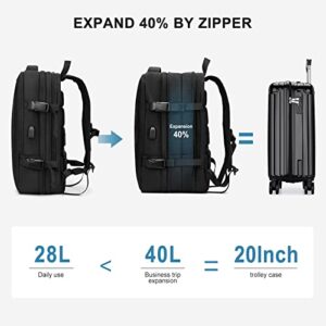 Men Carry on Travel Backpack 40L,Hiking Backpack Waterproof for Women, Lightweight School Casual Daypack Laptop Backpack with Expandable Airplane Approved 15.6 inch Laptop Compartment USB Charge Port