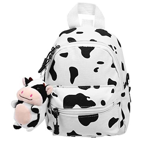 Amosfun Cow Pattern Backpack Cow Print Backpack Mini Canvas Daypack with Plush Cow Pendant for Bag Accessory