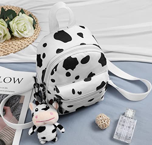 Amosfun Cow Pattern Backpack Cow Print Backpack Mini Canvas Daypack with Plush Cow Pendant for Bag Accessory