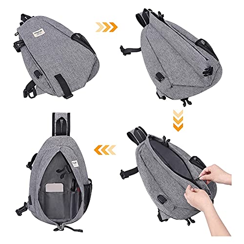 MOSISO Sling Backpack, Travel Hiking Daypack Folding Pocket Outdoor Rope Crossbody Shoulder Bag with USB Charging Port, Gray