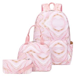 jiayou teens girls backpack sets 3pcs daypack with lunch bag pencil case marble pattern print(pink,20liters)