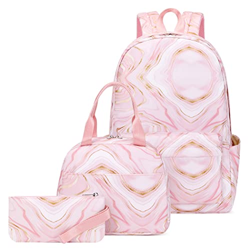 JiaYou Teens Girls Backpack Sets 3Pcs Daypack with Lunch bag Pencil case marble pattern print(Pink,20Liters)