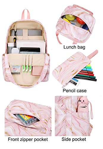 JiaYou Teens Girls Backpack Sets 3Pcs Daypack with Lunch bag Pencil case marble pattern print(Pink,20Liters)