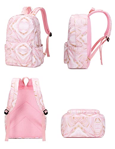 JiaYou Teens Girls Backpack Sets 3Pcs Daypack with Lunch bag Pencil case marble pattern print(Pink,20Liters)