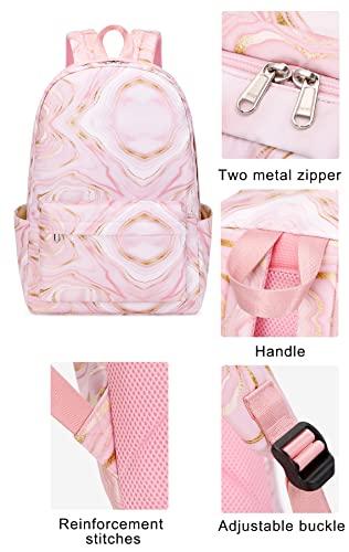 JiaYou Teens Girls Backpack Sets 3Pcs Daypack with Lunch bag Pencil case marble pattern print(Pink,20Liters)