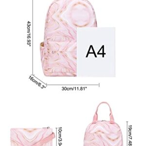 JiaYou Teens Girls Backpack Sets 3Pcs Daypack with Lunch bag Pencil case marble pattern print(Pink,20Liters)