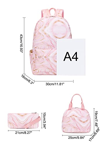 JiaYou Teens Girls Backpack Sets 3Pcs Daypack with Lunch bag Pencil case marble pattern print(Pink,20Liters)