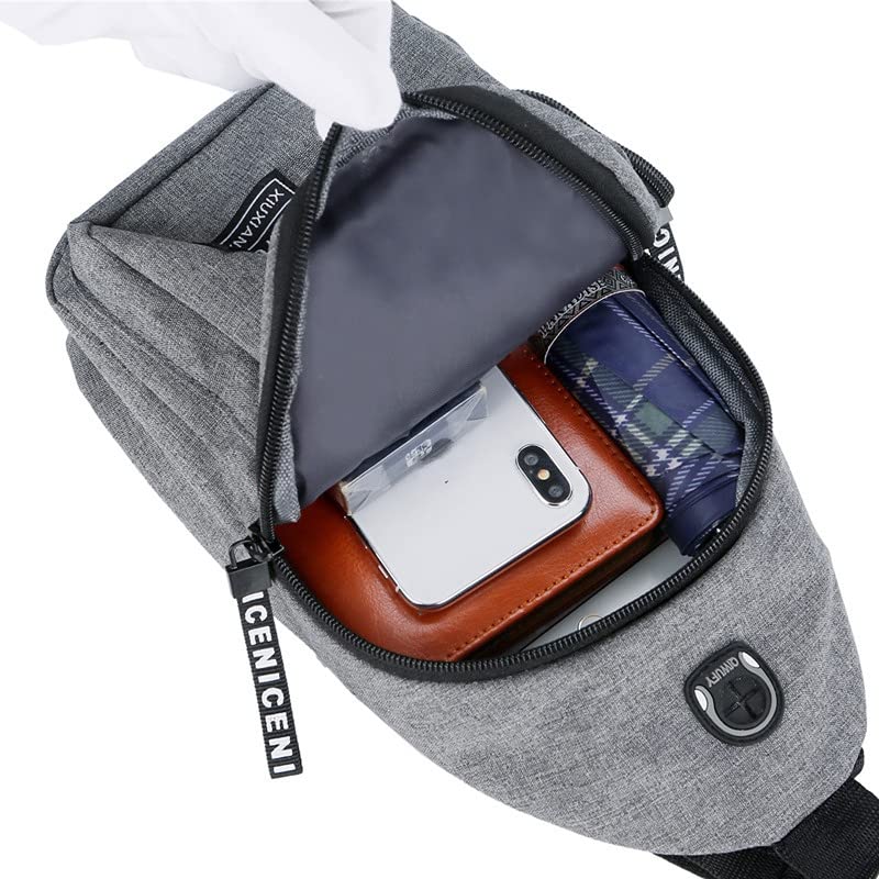 AMZTAN Crossbody Backpack for Men and Women, Waterproof Strap Bag, with USB Hole with Headphone Hole Strap Multipurpose Crossbody Chest Bag, Suitable for Shopping Working Hiking Outdoor Trip (Grey)