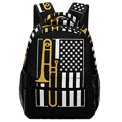 United States Flag Trombone Laptop & Tablet Backpack Study Hall Shoulder Bag Travel Daypack