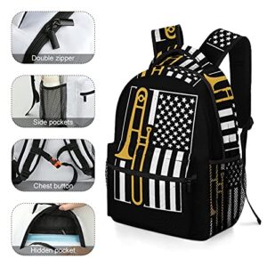 United States Flag Trombone Laptop & Tablet Backpack Study Hall Shoulder Bag Travel Daypack