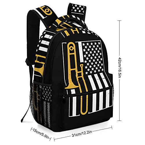 United States Flag Trombone Laptop & Tablet Backpack Study Hall Shoulder Bag Travel Daypack