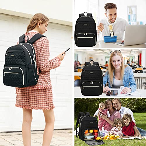 Lunch Backpack for Women, Insulated Cooler Lunch Box, 15.6 Inch Laptop Business Backpack with USB Port, Water Resistant College School Bookbag Computer Bag for Camping Travel Women & Men Gift, Black