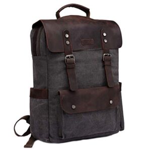 vaschy leather laptop backpack, casual canvas campus school rucksack with 15.6 inch laptop compartment