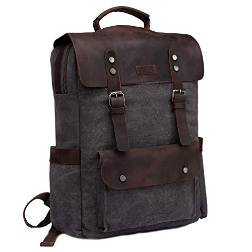 VASCHY Leather Laptop Backpack, Casual Canvas Campus School Rucksack with 15.6 inch Laptop Compartment