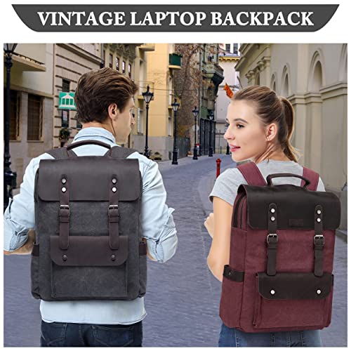 VASCHY Leather Laptop Backpack, Casual Canvas Campus School Rucksack with 15.6 inch Laptop Compartment