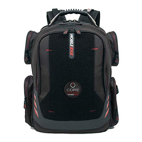 Core Gaming Laptop Backpack From Mobile Edge Core Gaming, 17.3 Inch, External USB 3.0 Quick-Charge Port w/Built-in Charging Cable, Patch Panel - Black w/Red Trim - MECGBPV1