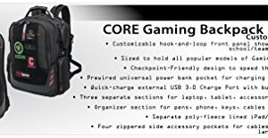 Core Gaming Laptop Backpack From Mobile Edge Core Gaming, 17.3 Inch, External USB 3.0 Quick-Charge Port w/Built-in Charging Cable, Patch Panel - Black w/Red Trim - MECGBPV1