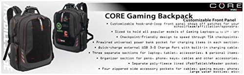 Core Gaming Laptop Backpack From Mobile Edge Core Gaming, 17.3 Inch, External USB 3.0 Quick-Charge Port w/Built-in Charging Cable, Patch Panel - Black w/Red Trim - MECGBPV1