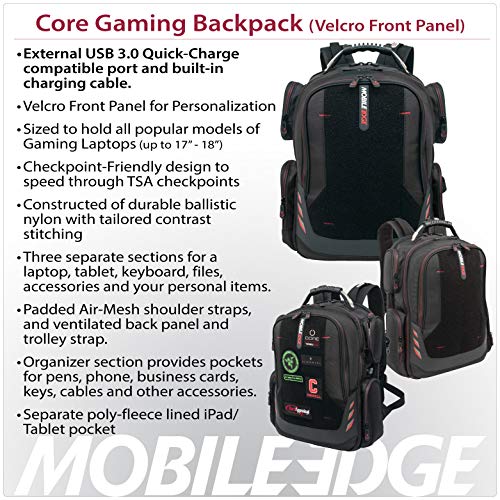 Core Gaming Laptop Backpack From Mobile Edge Core Gaming, 17.3 Inch, External USB 3.0 Quick-Charge Port w/Built-in Charging Cable, Patch Panel - Black w/Red Trim - MECGBPV1