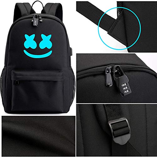 Mello Backpack Marshmallow Backpack Glow in Dark Smile Laptop Backpack for Boys USB Charging Backpack w/USB Headphone Ports & Cables & Lock (Classic Mello)