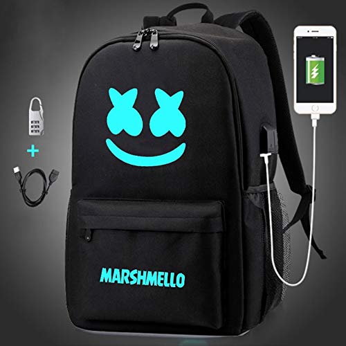 Mello Backpack Marshmallow Backpack Glow in Dark Smile Laptop Backpack for Boys USB Charging Backpack w/USB Headphone Ports & Cables & Lock (Classic Mello)