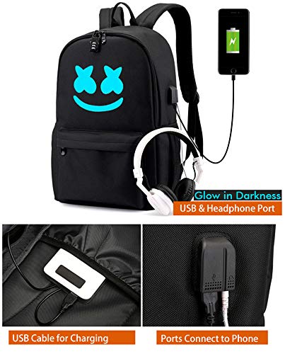 Mello Backpack Marshmallow Backpack Glow in Dark Smile Laptop Backpack for Boys USB Charging Backpack w/USB Headphone Ports & Cables & Lock (Classic Mello)