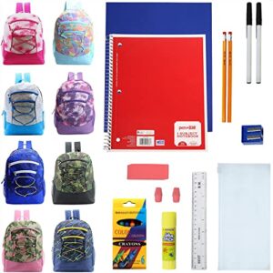 moda west 17 inch bulk backpacks with 18 piece wholesale school supply kits in 8 assorted styles – case of 8 pack bundle