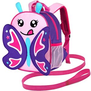 AGSDON Toddler Backpack with Leash, 9.5" Kids Butterfly Safety Leashes Removable Tether bookbag