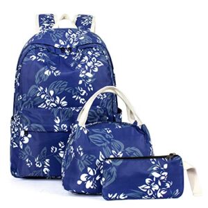 Leaper Water-Resistant Floral School Backpack Girls Lunch Bag Purse Dark Blue