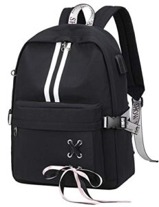 mairle 17.3 inch casual laptop backpack anti theft schoolbag daypack ribbon decorate school bag with usb charging port for teen girls women, black