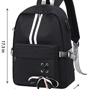 Mairle 17.3 inch Casual Laptop Backpack Anti Theft Schoolbag Daypack Ribbon Decorate School Bag with USB Charging Port for Teen Girls Women, Black