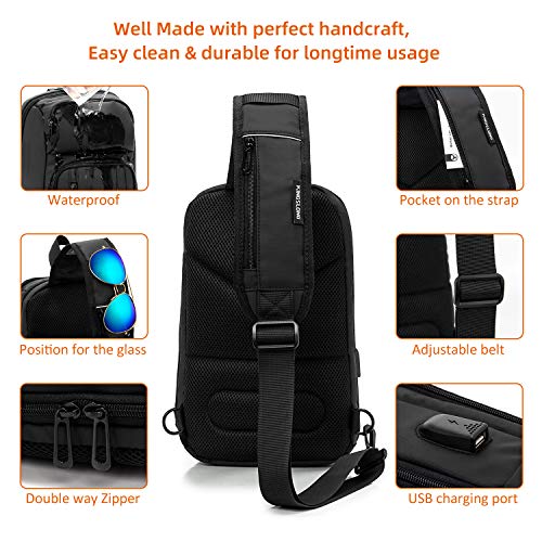 KINGSLONG Waterproof Sling Backpack Bag for Men Women with USB Charging Port, Crossbody Daypack Casual Chest bag Rucksack Shoulder backpack for Hiking Outdoor Travel Cycling Camping