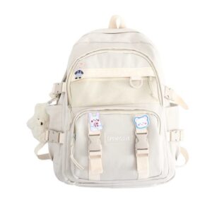 aesthetic kawaii nylon laptop backpack with a cute bear pendant, suitable for back to school, large capacity (white)