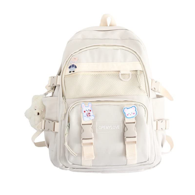 Aesthetic Kawaii Nylon Laptop Backpack with A Cute Bear Pendant, Suitable for Back to School, Large Capacity (white)