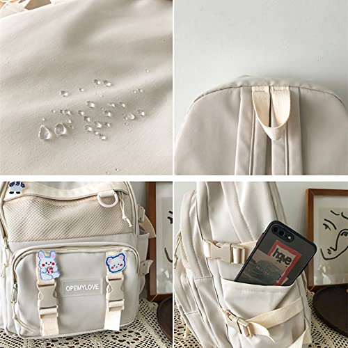 Aesthetic Kawaii Nylon Laptop Backpack with A Cute Bear Pendant, Suitable for Back to School, Large Capacity (white)