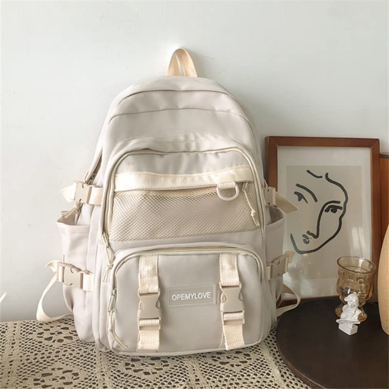 Aesthetic Kawaii Nylon Laptop Backpack with A Cute Bear Pendant, Suitable for Back to School, Large Capacity (white)