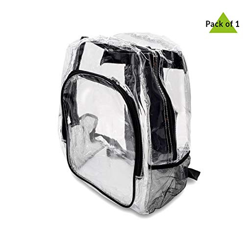 Clear Book Bag - Clear Plastic Backpack, Small Transparent Zippered Bookbag with Pockets, Heavy Duty Backpacks for Stadium Concerts, Events, Security, Traveling, Sports - 16.5x12.6x6.3