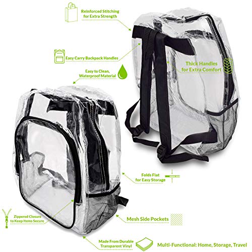 Clear Book Bag - Clear Plastic Backpack, Small Transparent Zippered Bookbag with Pockets, Heavy Duty Backpacks for Stadium Concerts, Events, Security, Traveling, Sports - 16.5x12.6x6.3