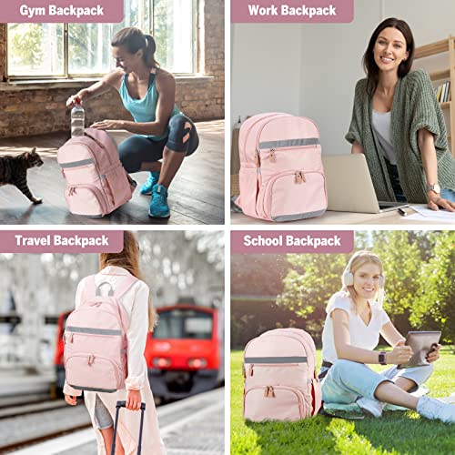 MoKo Gym Backpack with Shoe Compartment, 15.6 Inch Laptop Bag Backpack Stylish Water Resistant Travel Backpack Anti Theft School Backpack for Women/Girls/Teens Gifts, Pink