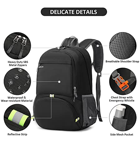 MRPLUM 30L Rucksack Foldable Ultralight Packable Backpack, Unisex Durable Handy Daypack for Travel & Outdoor Sports Durable & Waterproof (Black)