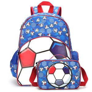 yojoy kids backpack for boys with lunch box set elementary school bags 16 inch kindergarten primary bookbags football dinosaur backpacks (blue football set)