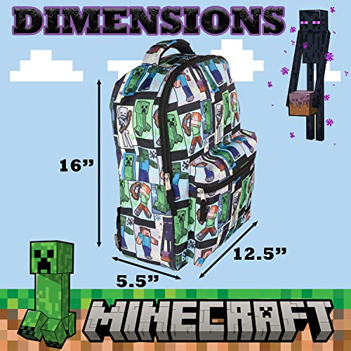 AI ACCESSORY INNOVATIONS Minecraft Backpack for Boys & Girls, School Bag with Front Pocket, Allover Character Print Gaming Bookbag with Adjustable Padded Mesh Straps, Padded Top Handle, 16 Inches