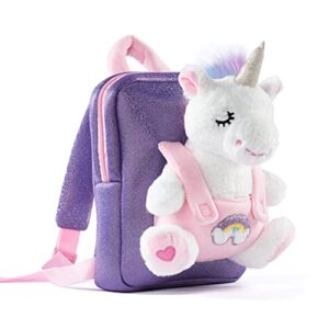 kozely toddler backpack for girls, unicorn plush backpack small mini backpack for kids pink and purple for school christmas birthday gifts