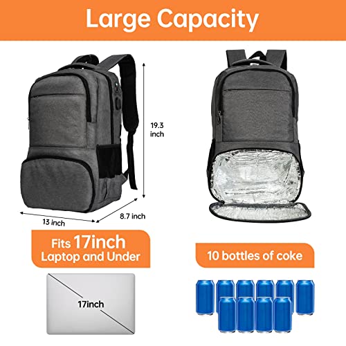 DAILY&DIARY Lunch Backpack, Insulated Cooler Backpack with Lunch Compartment for Men Women Water Resistant Lunch Bag 15.6 Inch Laptop Backpack Durable for Work, School, Camping, Picnics, Grey