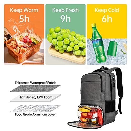 DAILY&DIARY Lunch Backpack, Insulated Cooler Backpack with Lunch Compartment for Men Women Water Resistant Lunch Bag 15.6 Inch Laptop Backpack Durable for Work, School, Camping, Picnics, Grey