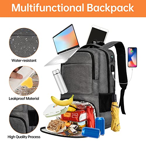 DAILY&DIARY Lunch Backpack, Insulated Cooler Backpack with Lunch Compartment for Men Women Water Resistant Lunch Bag 15.6 Inch Laptop Backpack Durable for Work, School, Camping, Picnics, Grey