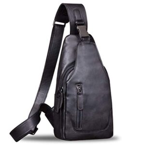 genuine leather sling bag for men chest shoulder crossbody hiking backpack vintage handmade daypack (black)